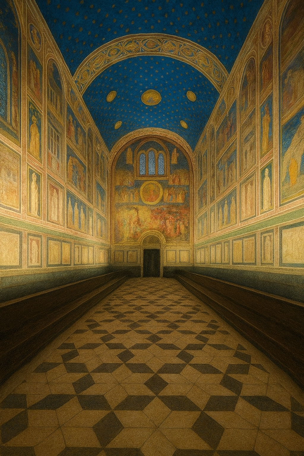 Decorative interior hallway with frescoes and a blue ceiling