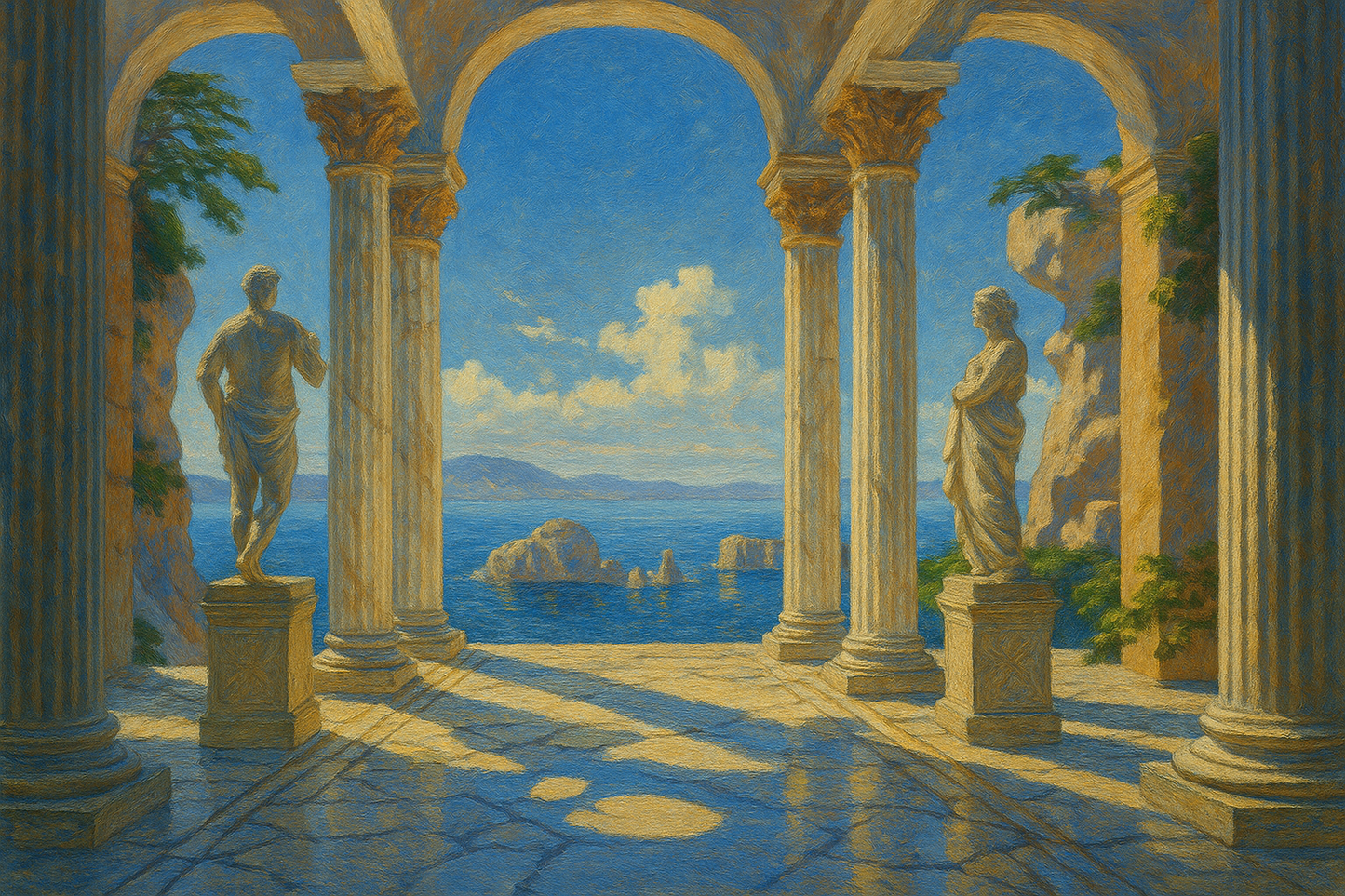 classical painting of a colonnaded room with statues and a view of the sea