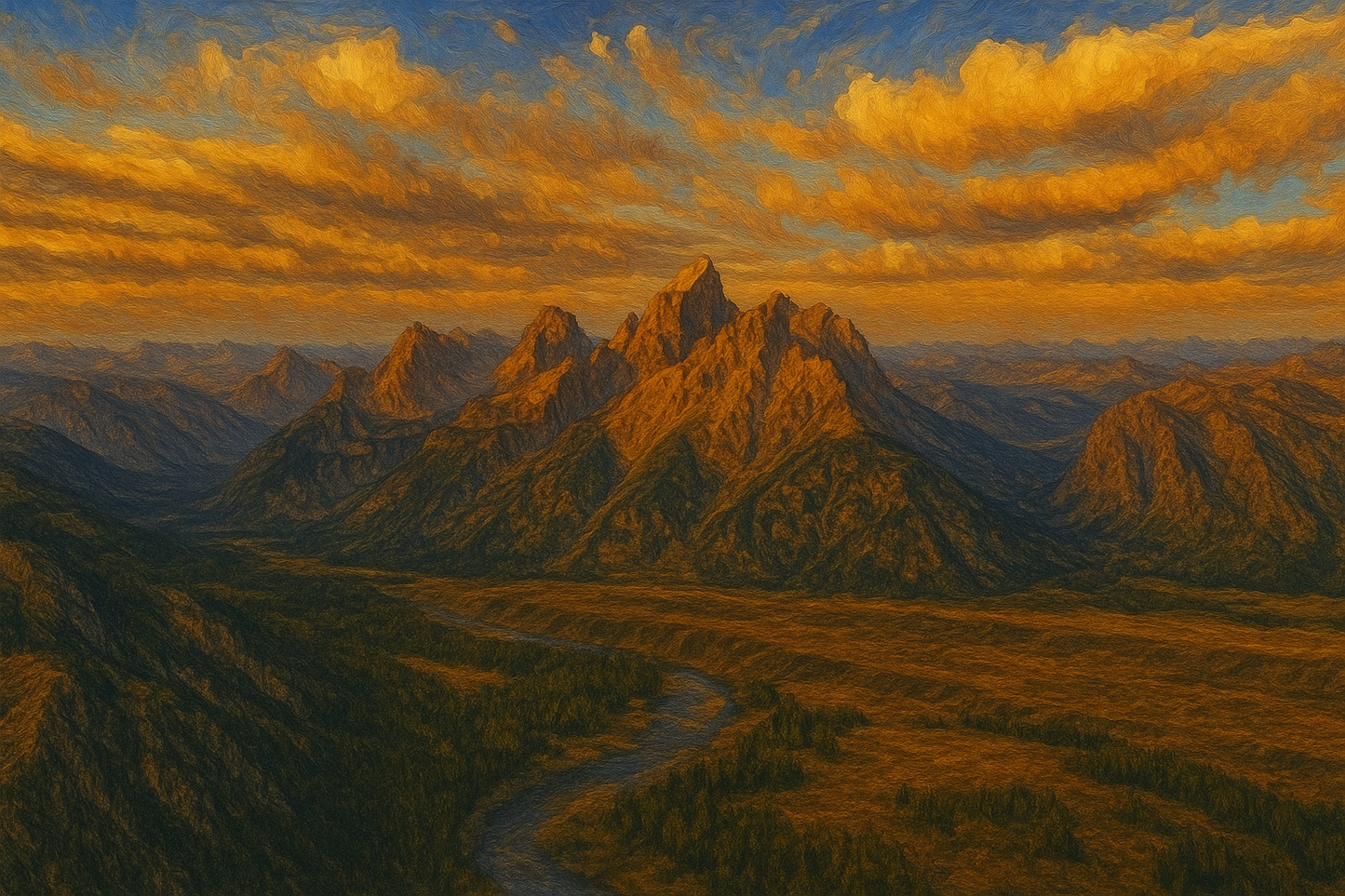 Mountain landscape with a winding road at sunset
