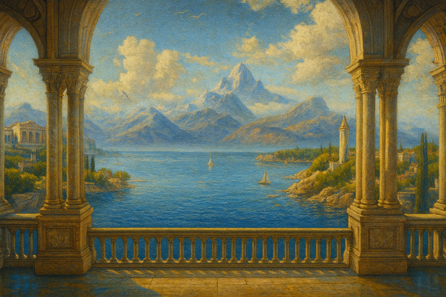 Painting of a scenic view with a lake, mountains, and classical architecture.