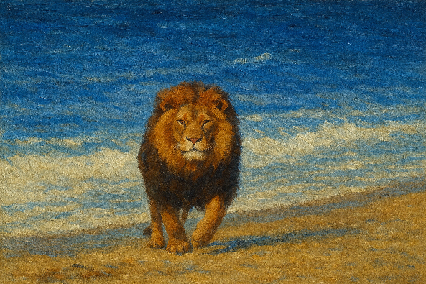 Lion walking on a sandy beach with blue sky and clouds in the background