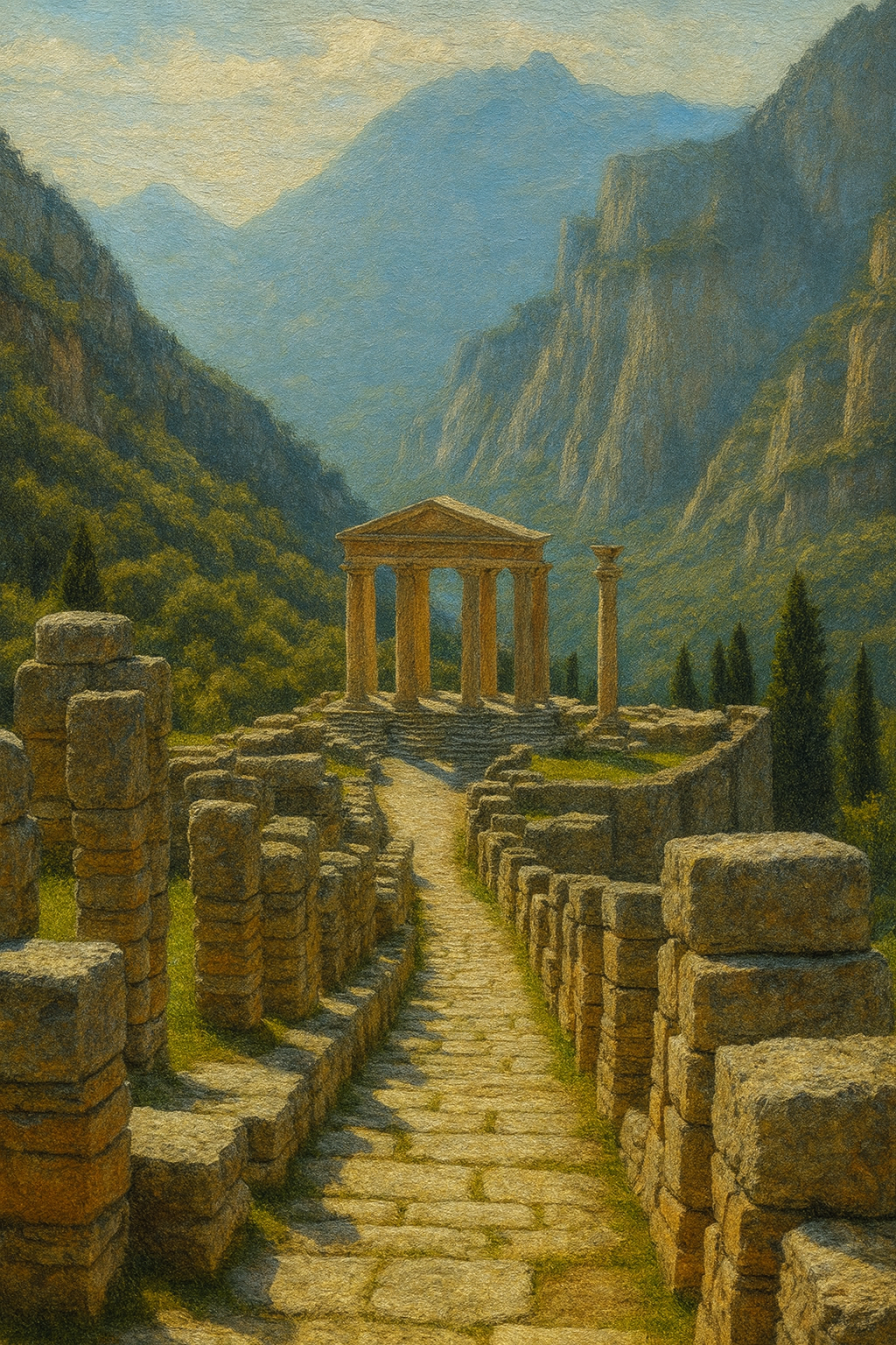 Ancient temple ruins with stone columns and pathway in a mountainous landscape