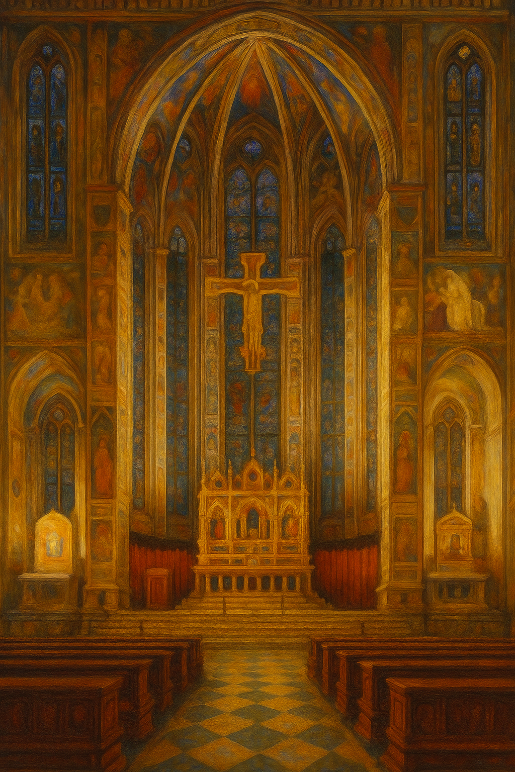 Decorative interior of a cathedral with stained glass windows and an altar.