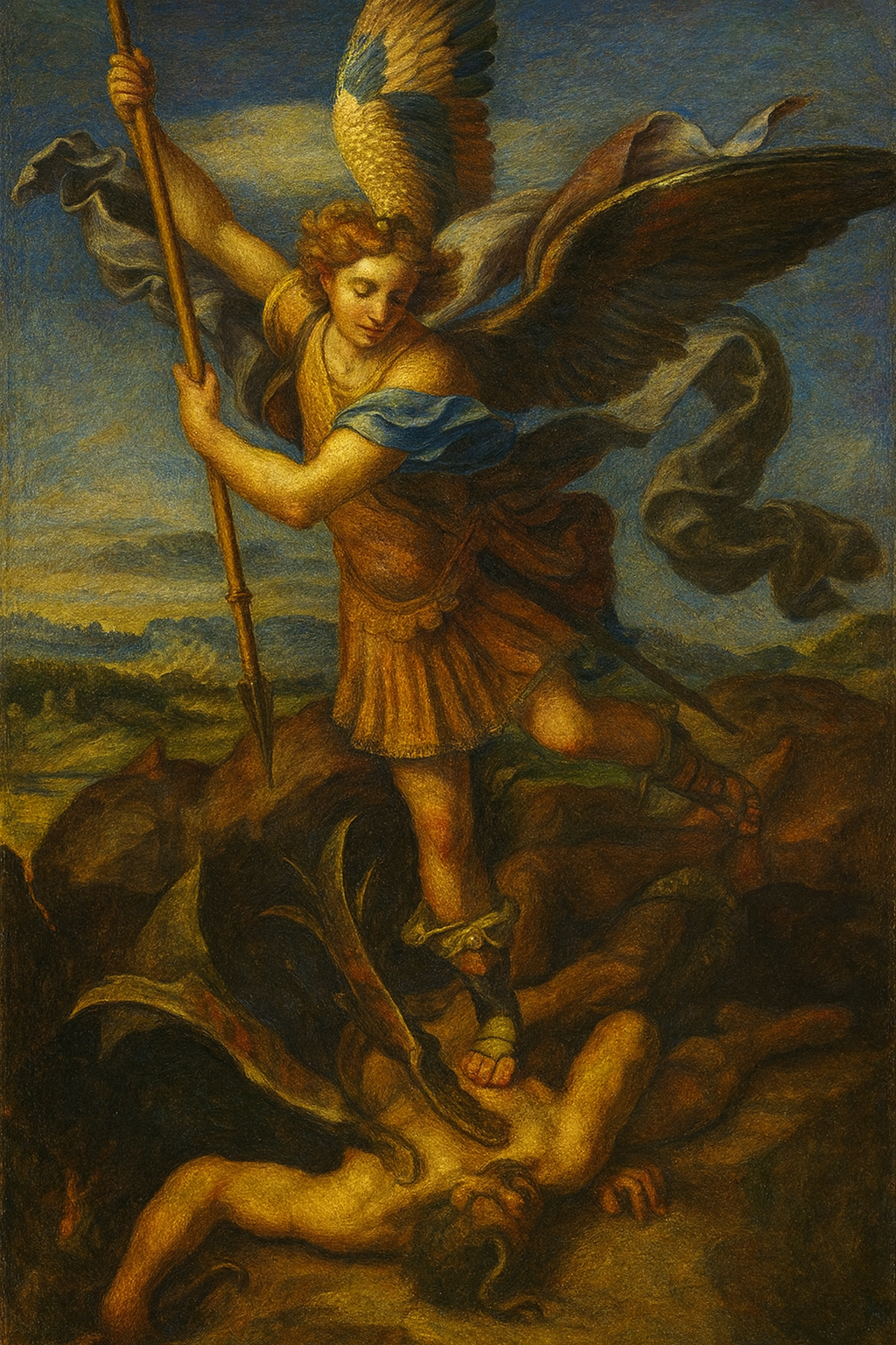 Painting of an angel with a sword and banner, standing over a fallen figure, with a landscape in the background.