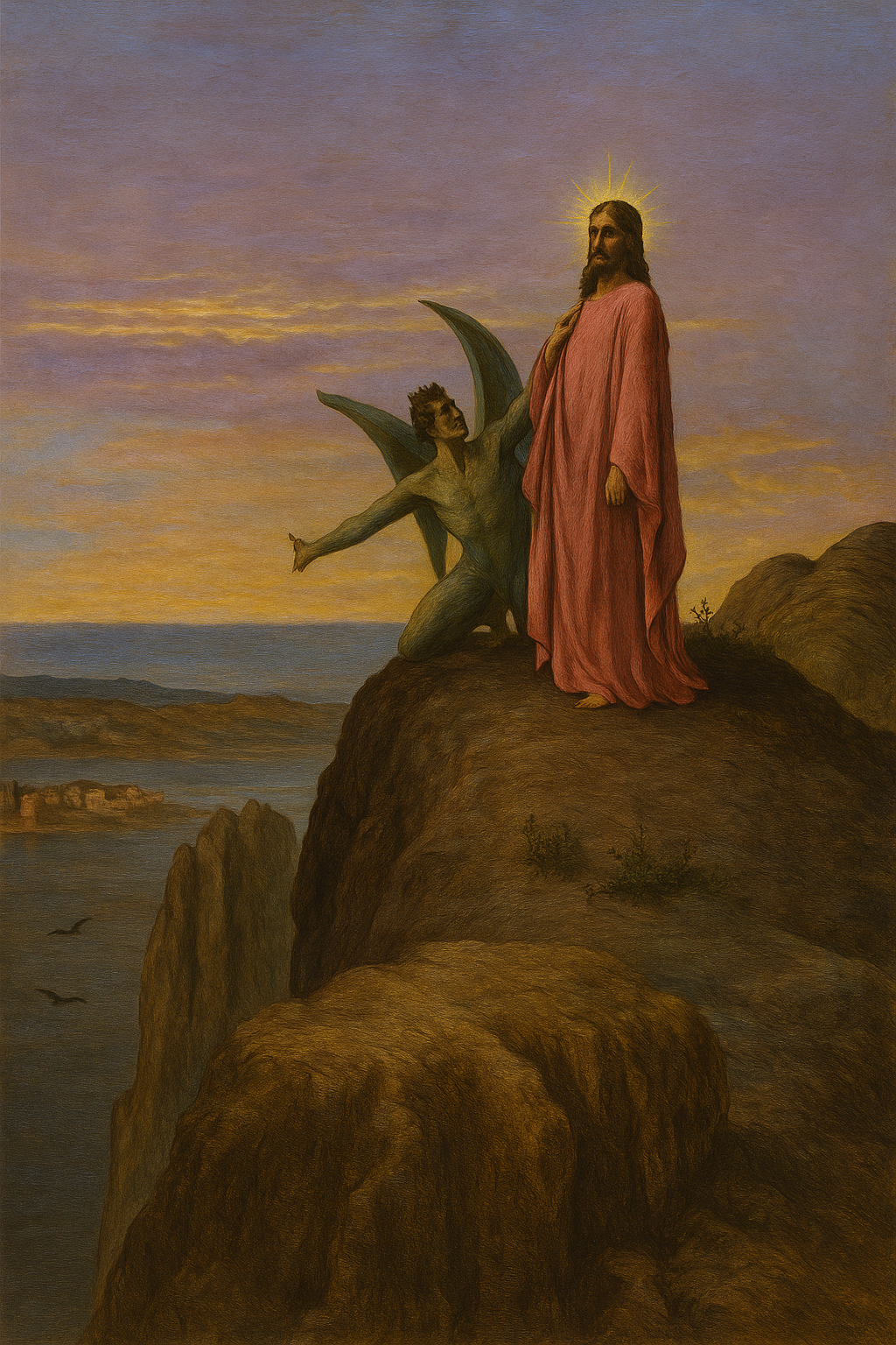 Jesus & the Devil on a rocky outcrop with a sunset or sunrise in the background