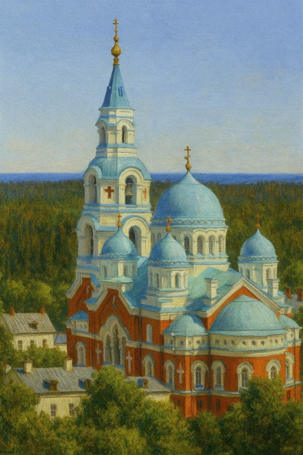Painting of a cathedral with blue domes and red walls, surrounded by greenery.