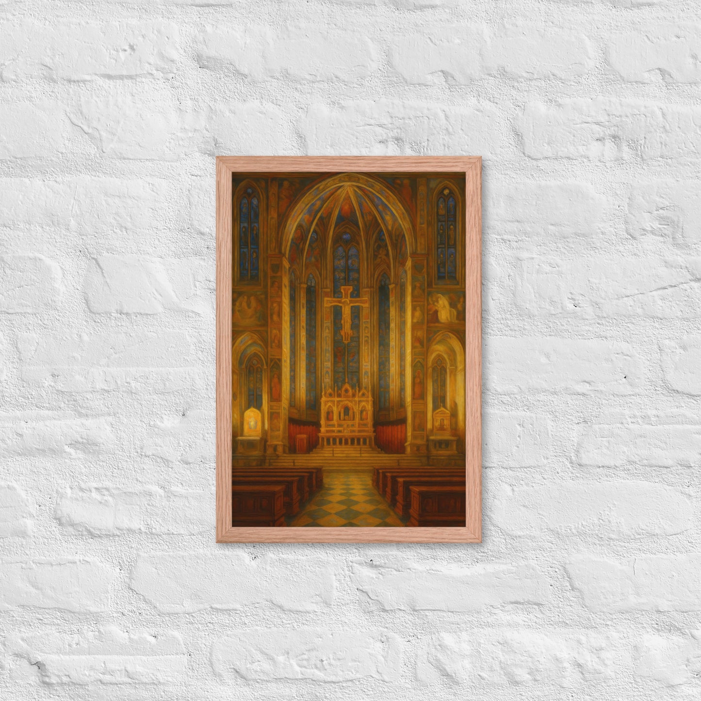 Poster of a cathedral interior with stained glass windows on a textured white wall.