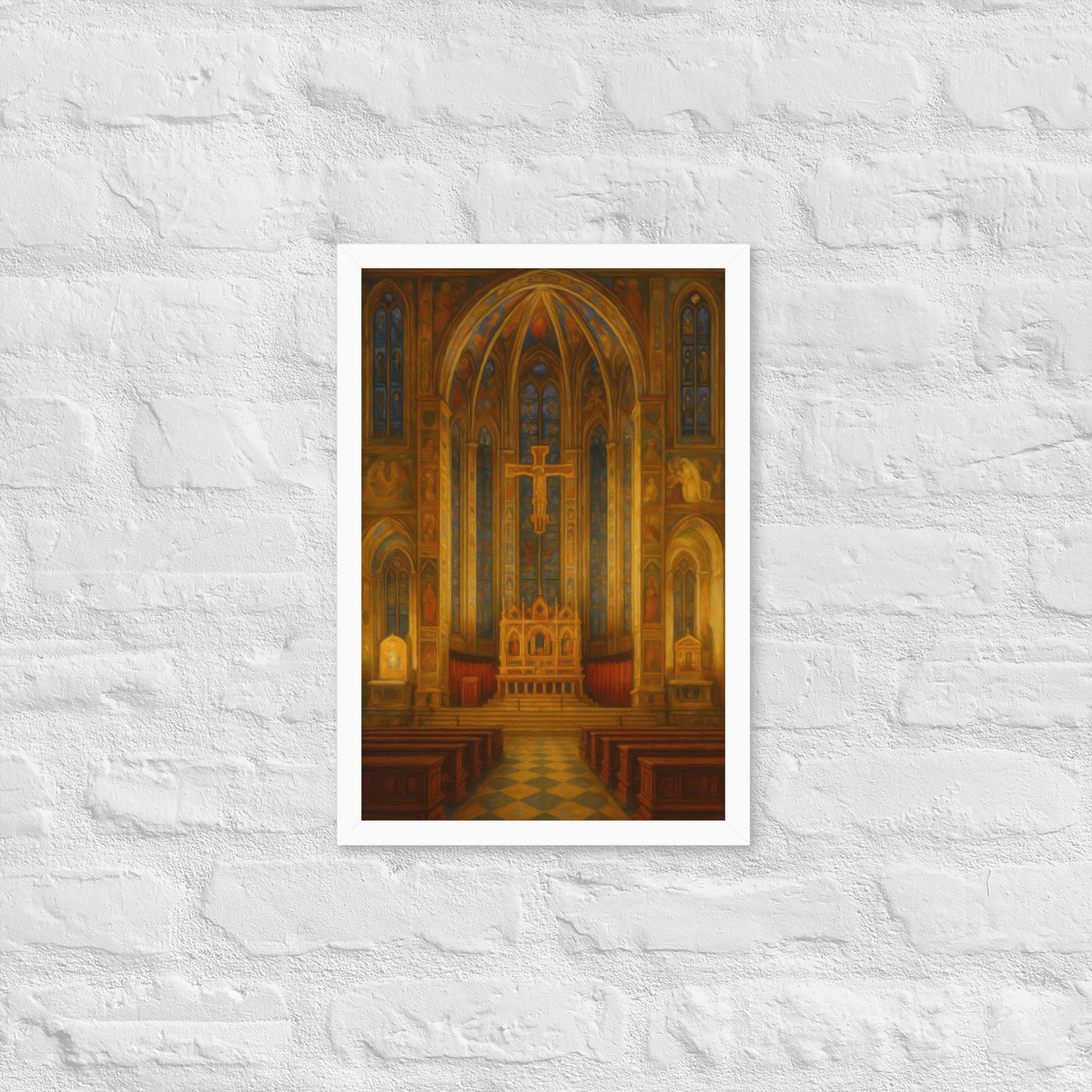 Poster of a cathedral interior with stained glass windows on a textured white wall.