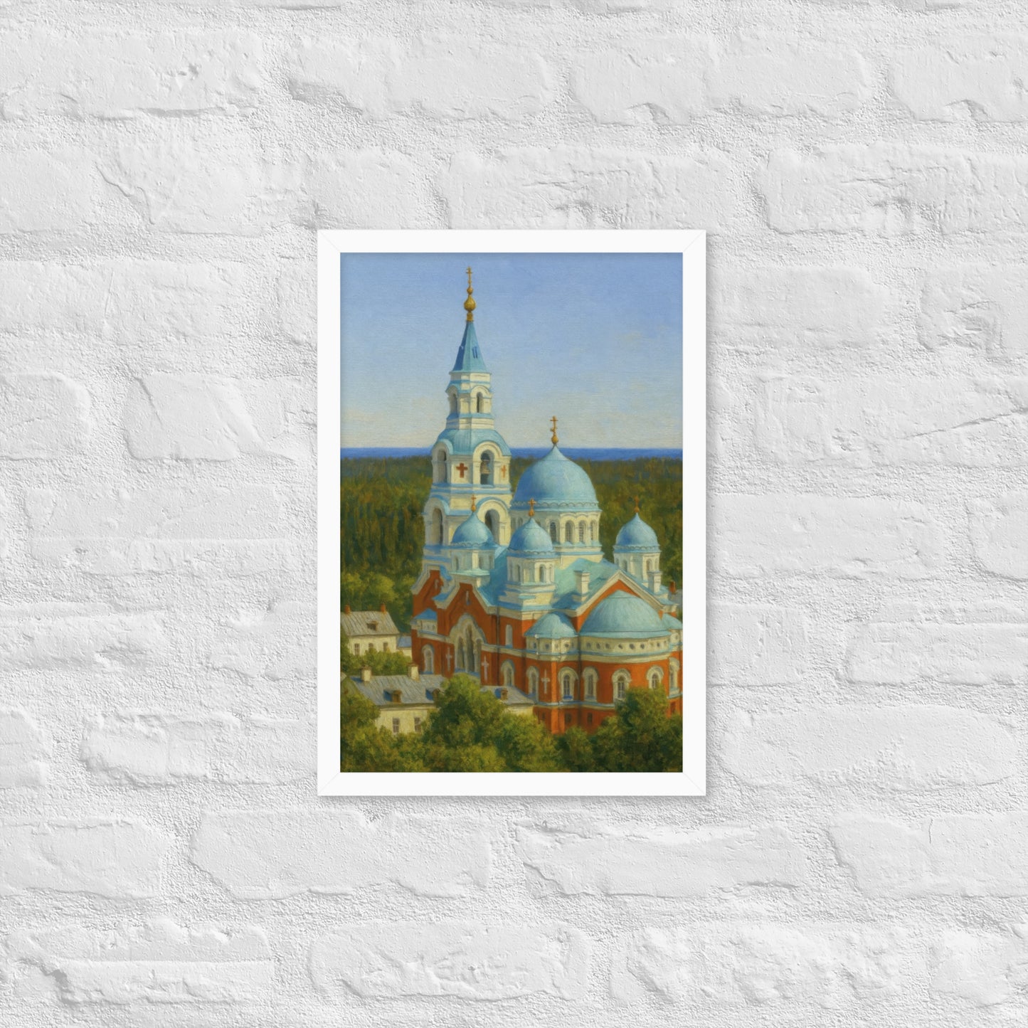Art print of a cathedral with blue domes on a white wall