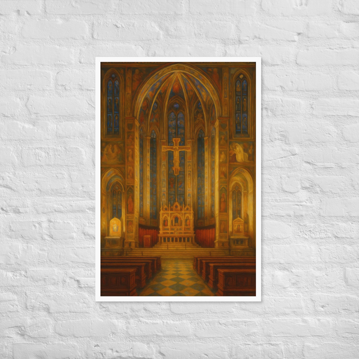 Poster of a cathedral interior with stained glass windows on a textured white wall.