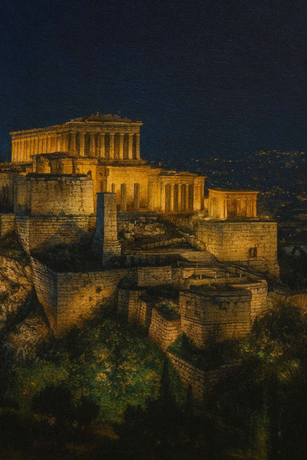 Ancient temple illuminated at night with surrounding greenery
