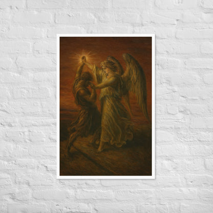 Painting of an angel with a bright light source and a person in a dark robe.