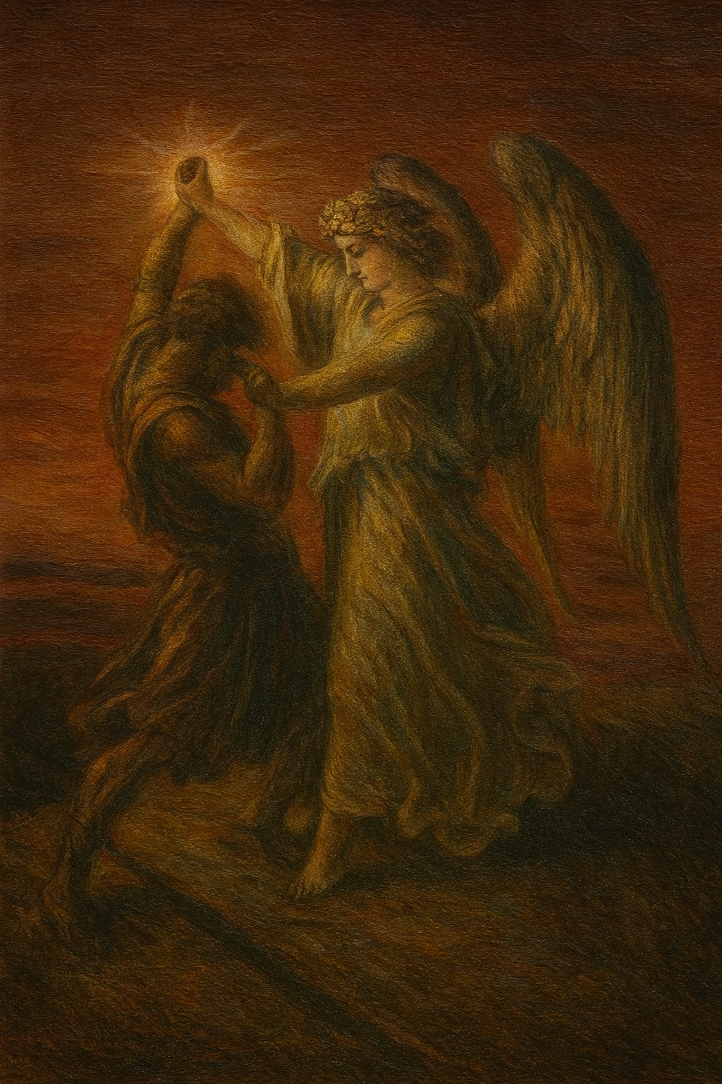 Painting of an angel with a bright light source and a person in a dark robe.