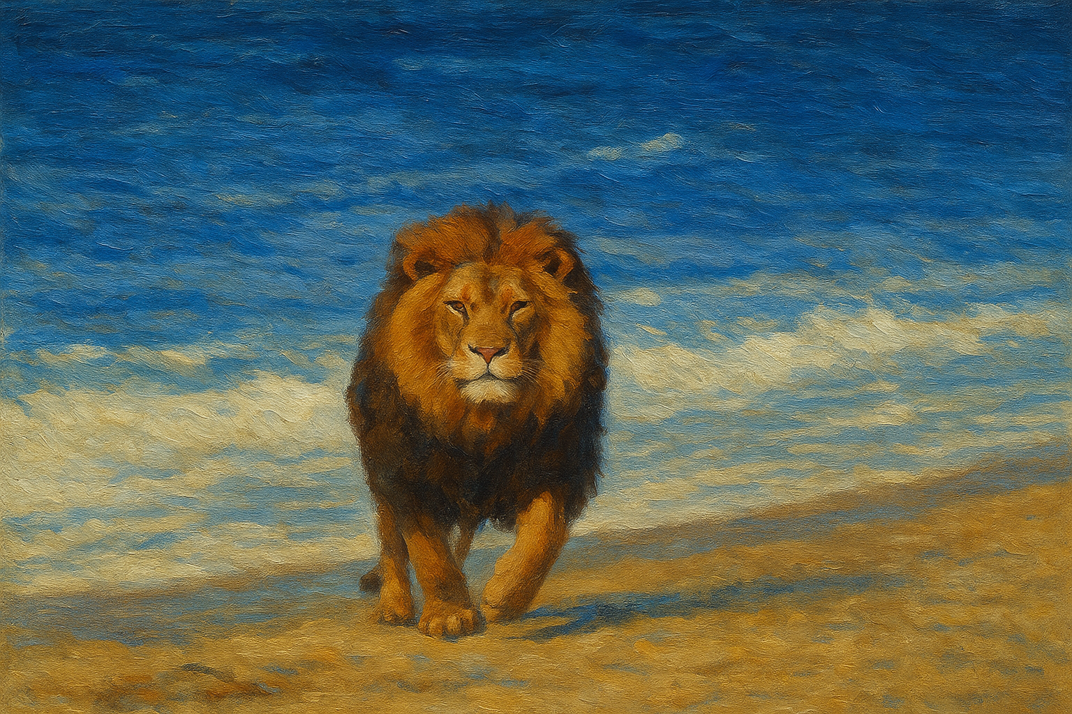 Lion walking on a sandy beach with blue sky and clouds in the background