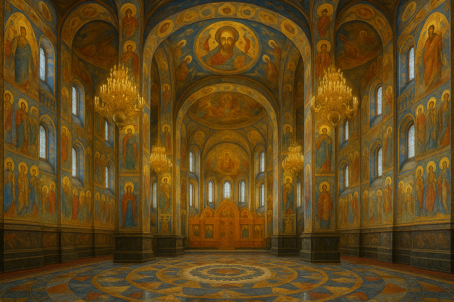 Decorative interior of a cathedral with intricate wall paintings and chandeliers.