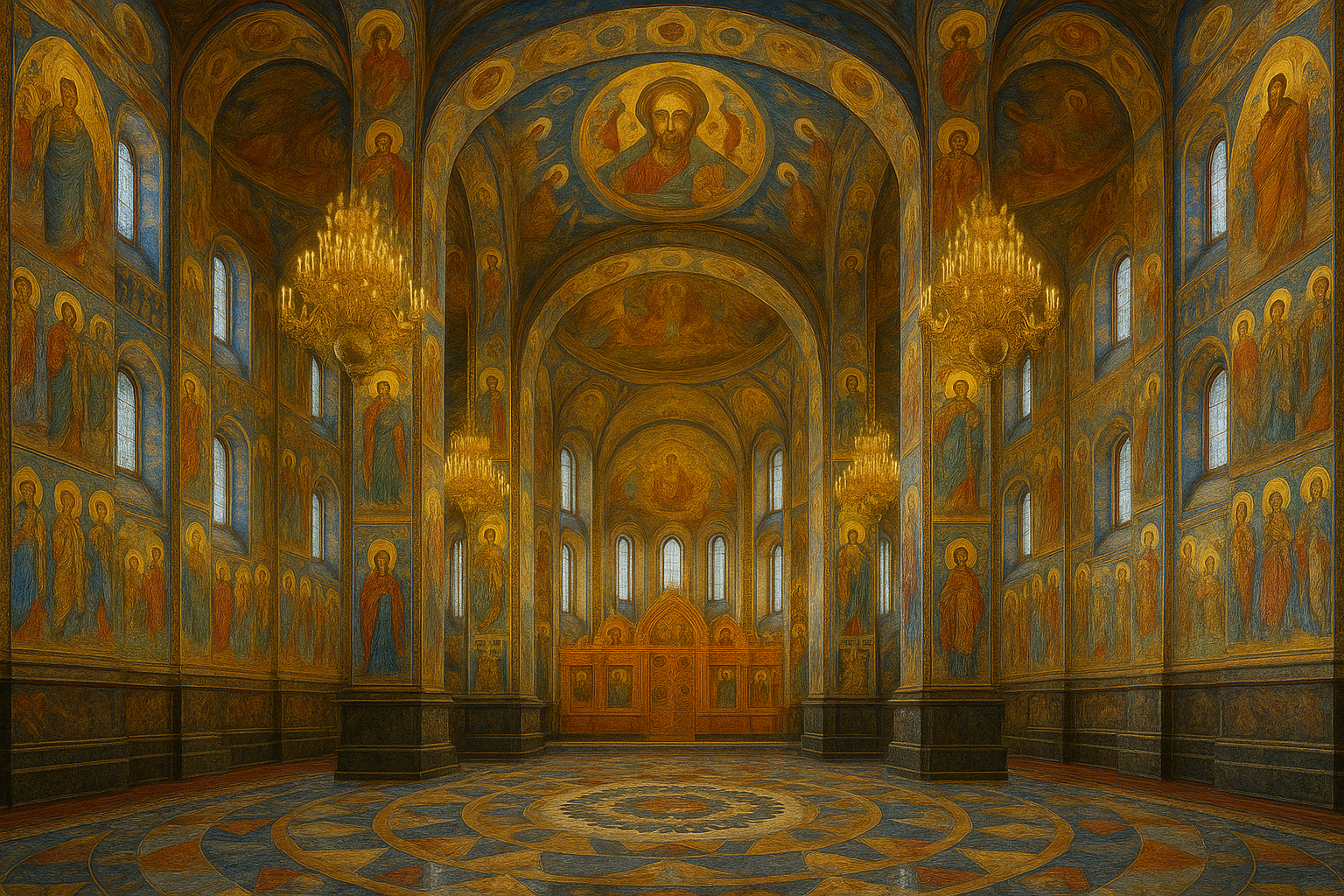 Decorative interior of a cathedral with intricate wall paintings and chandeliers.