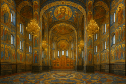 Decorative interior of a cathedral with intricate wall paintings and chandeliers.