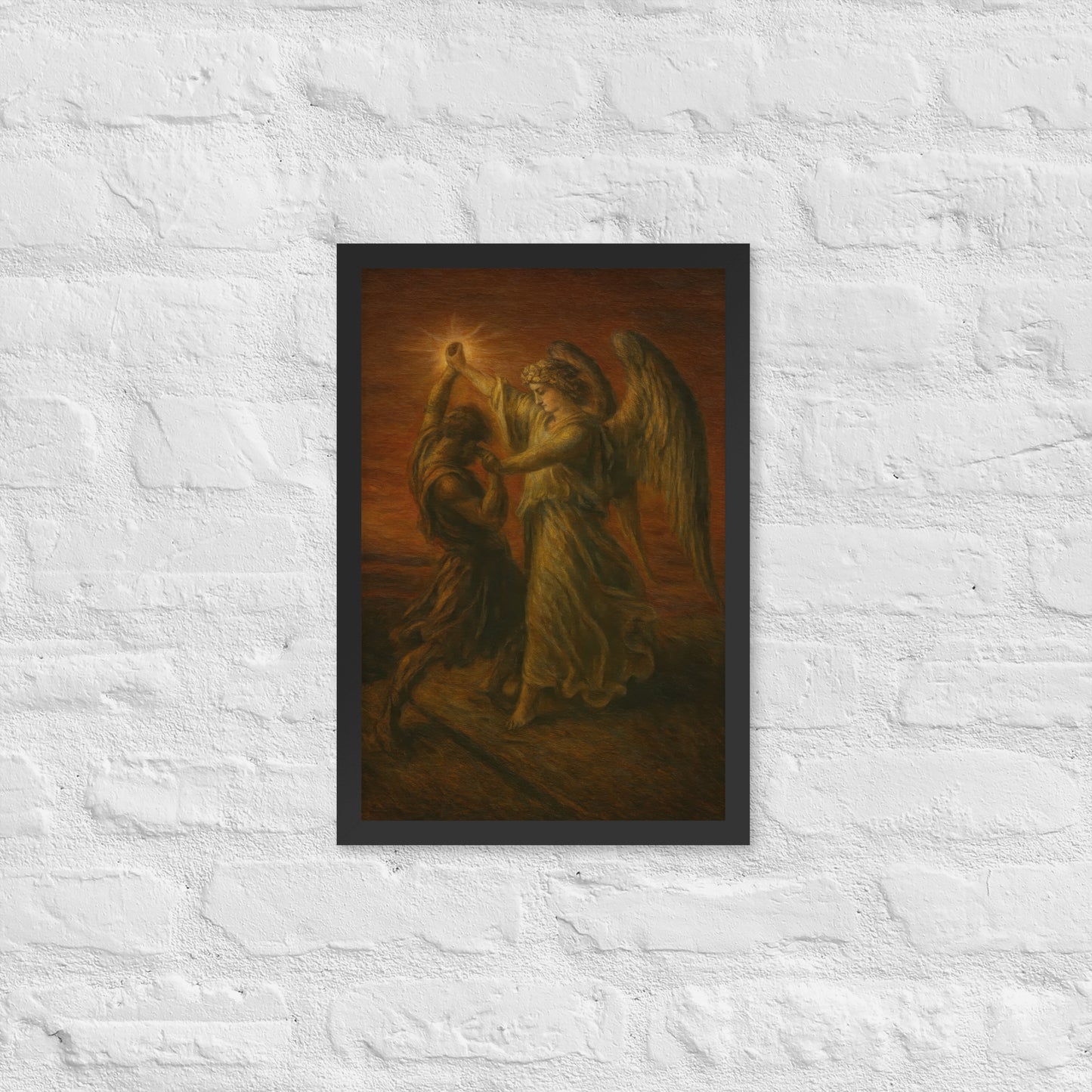 Painting of an angel with a bright light source and a person in a dark robe.