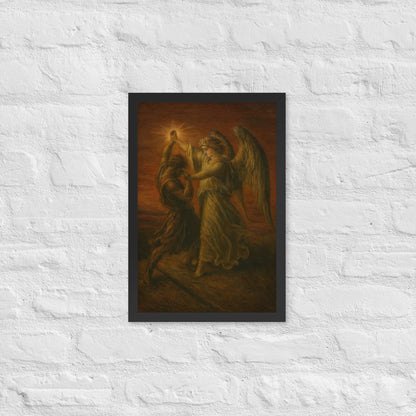 Painting of an angel with a bright light source and a person in a dark robe.