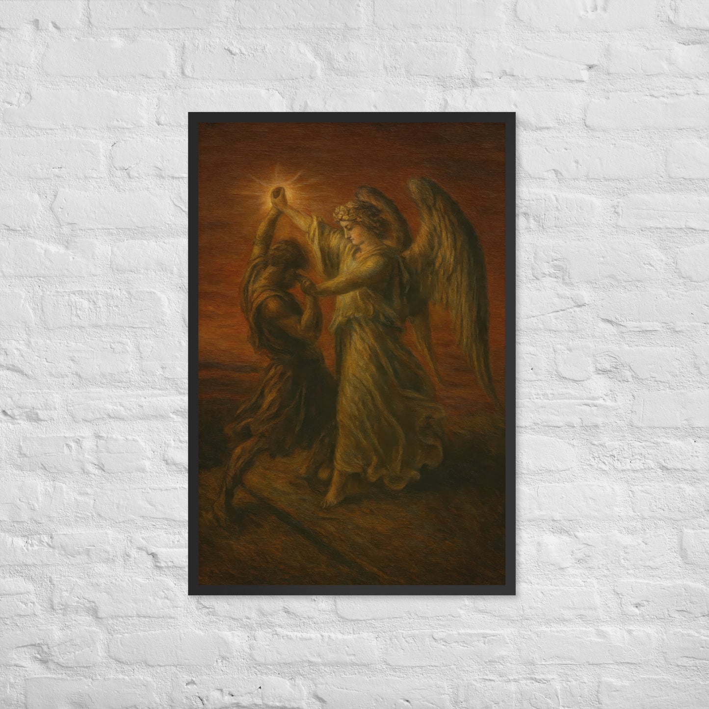 Painting of an angel with a bright light source and a person in a dark robe.