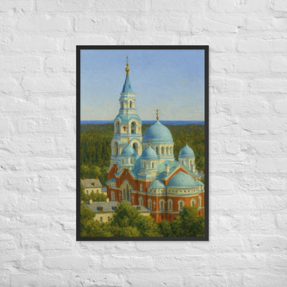 Framed painting of a church with blue domes on a white brick wall