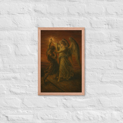 Painting of an angel with a bright light source and a person in a dark robe.