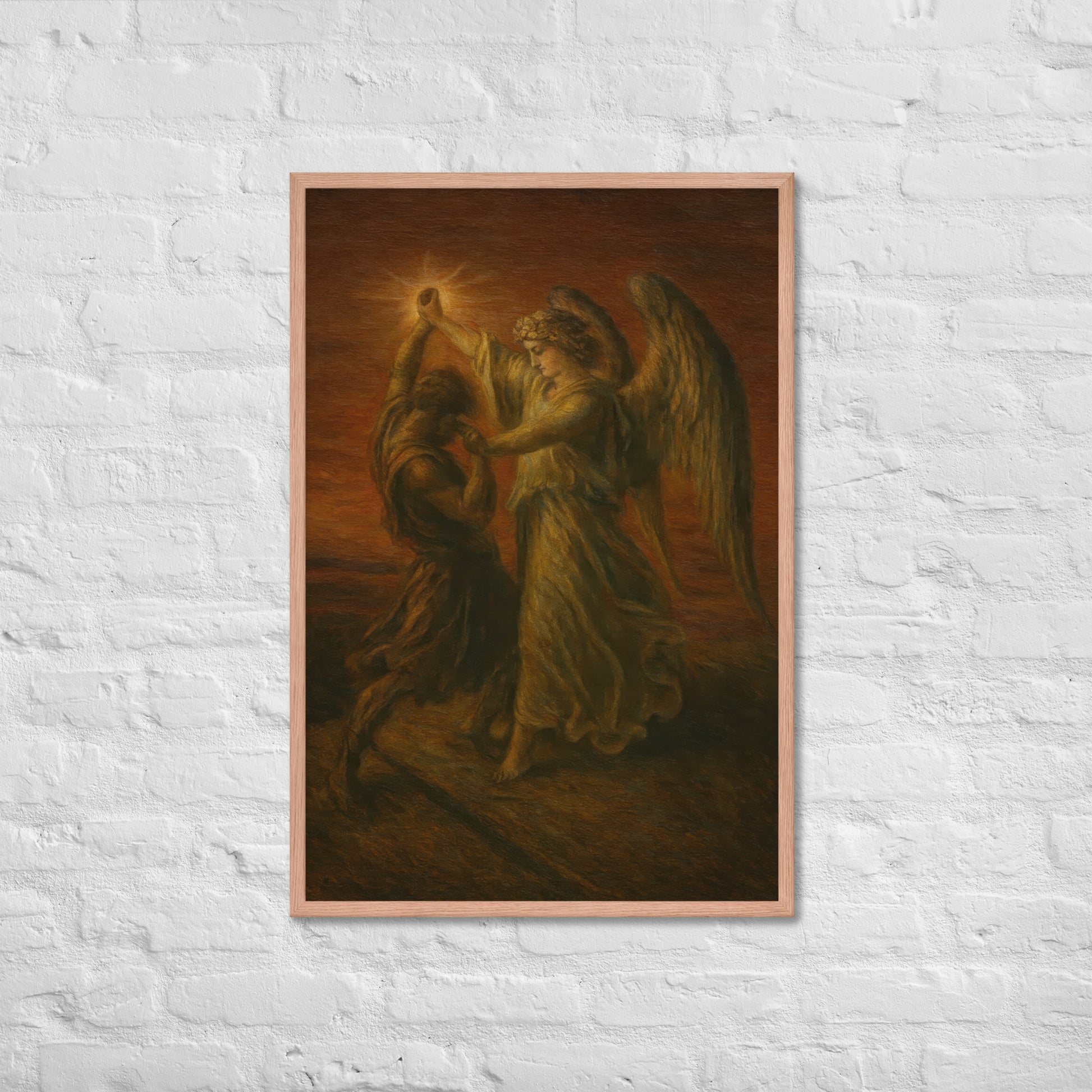 Painting of an angel with a bright light source and a person in a dark robe.
