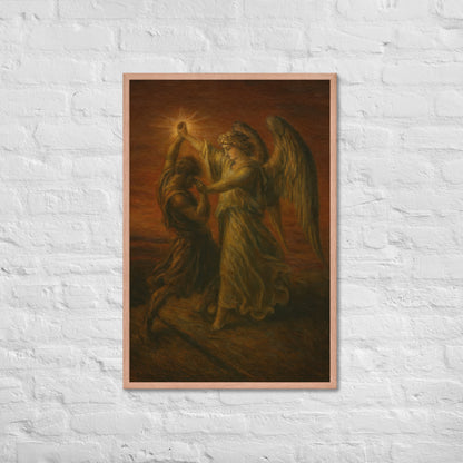 Painting of an angel with a bright light source and a person in a dark robe.