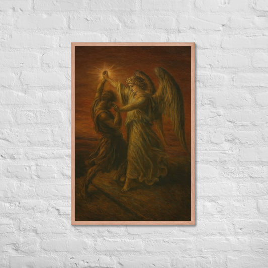Painting of an angel with a bright light source and a person in a dark robe.