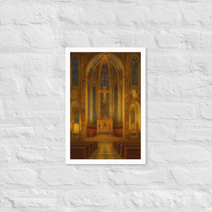 Poster of a cathedral interior with stained glass windows on a textured white wall.