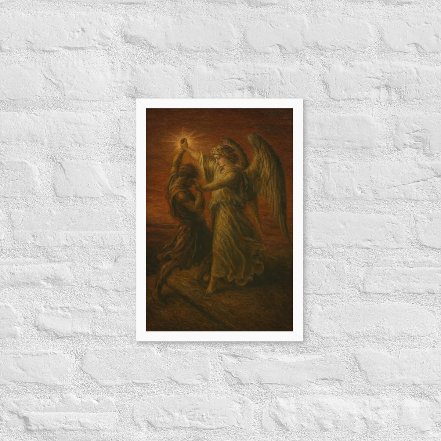 Painting of an angel with a bright light source and a person in a dark robe.
