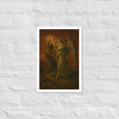 Painting of an angel with a bright light source and a person in a dark robe.