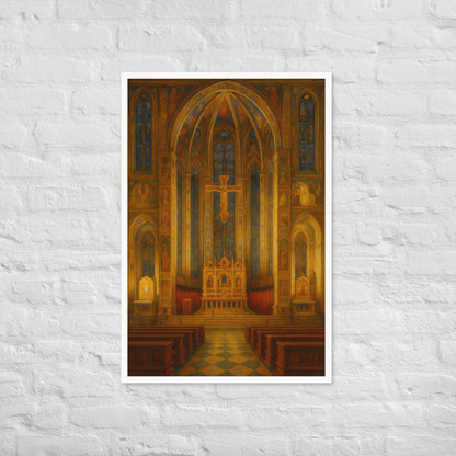Poster of a cathedral interior with stained glass windows on a textured white wall.