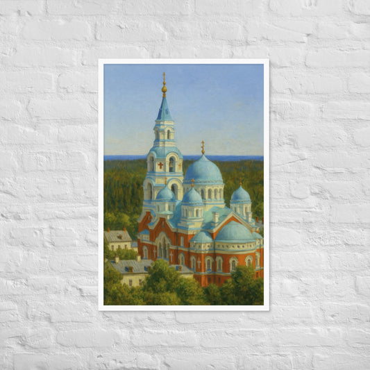 Framed painting of a cathedral with blue domes on a white brick wall.