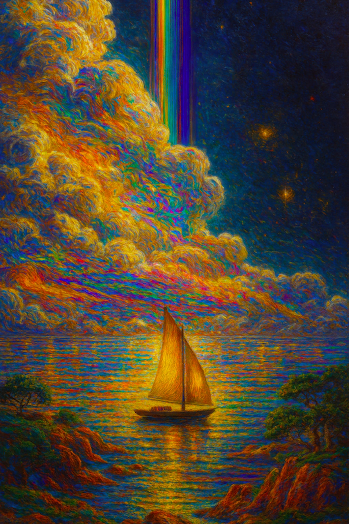 Sailboat on a body of water with colorful clouds and a vertical rainbow in the sky.